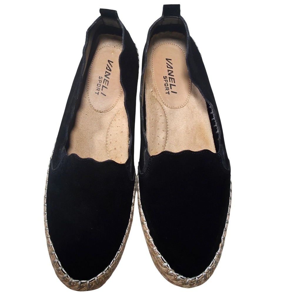 Vaneli Sport Black Suede Espadrille Slip‎ On Loafers Woven Trim Size 7.5